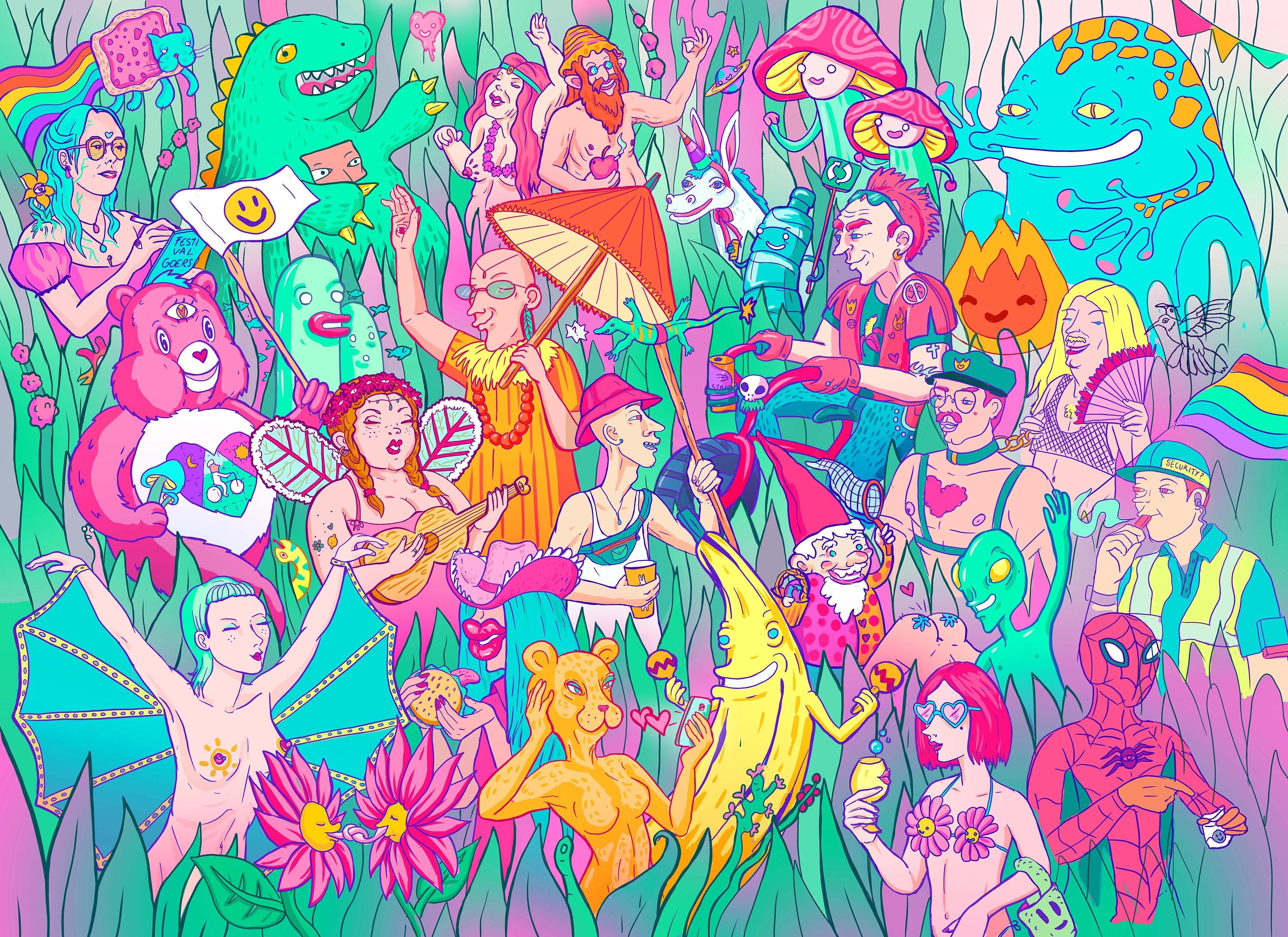 Festival Lovers gicleé fine art print showcasing vibrant festival culture in the UK, hand-signed with a white margin.