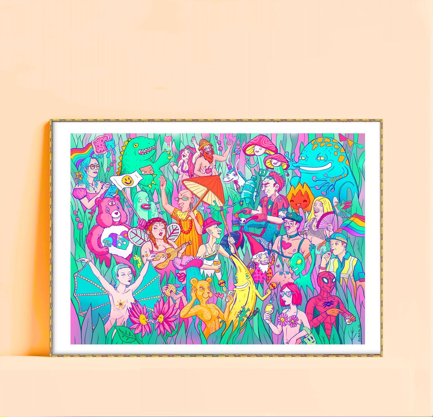 Festival Lovers gicleé fine art print showcasing vibrant festival culture in the UK, hand-signed with a white margin.