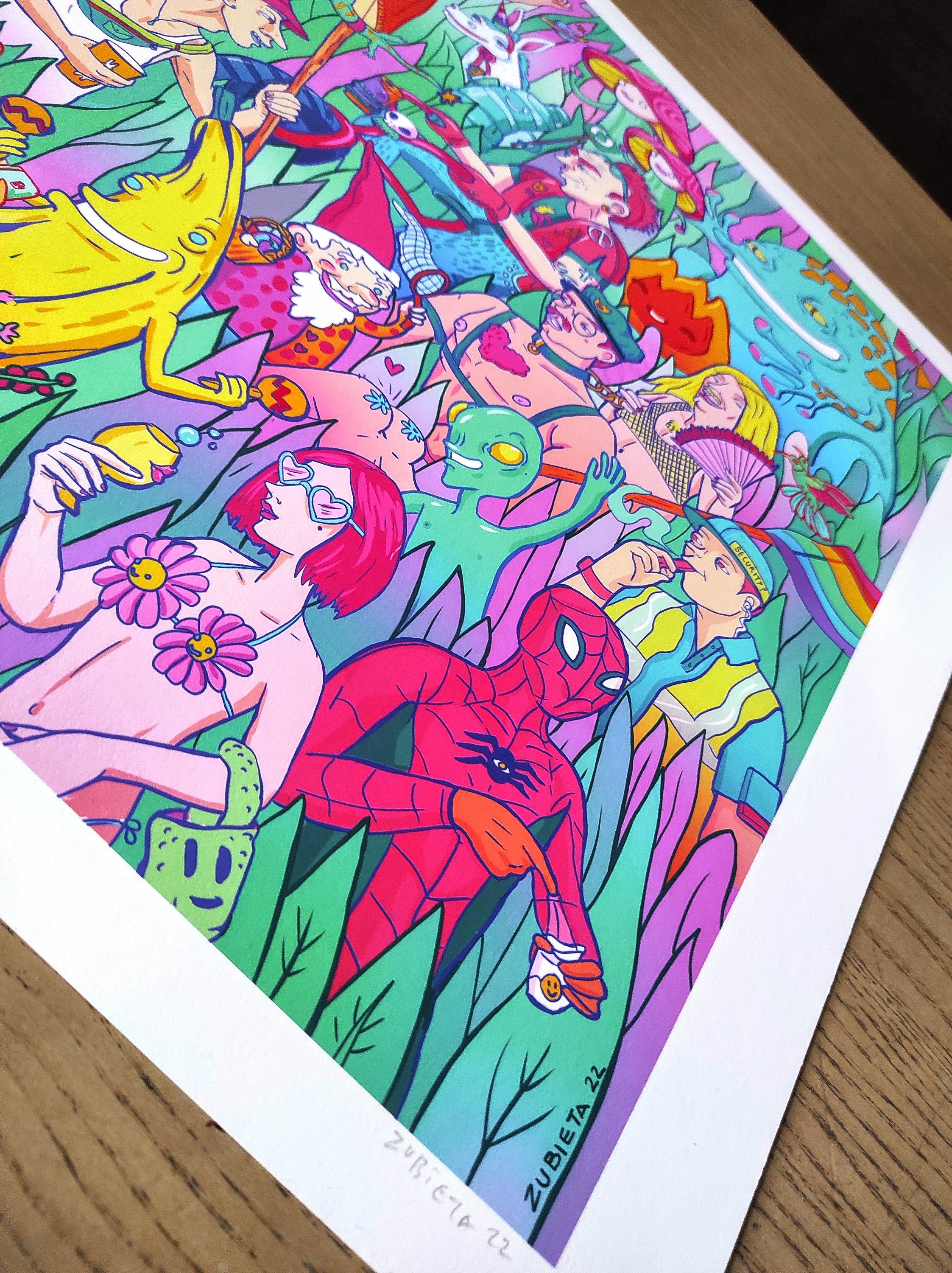 Festival Lovers gicleé fine art print showcasing vibrant festival culture in the UK, hand-signed with a white margin.