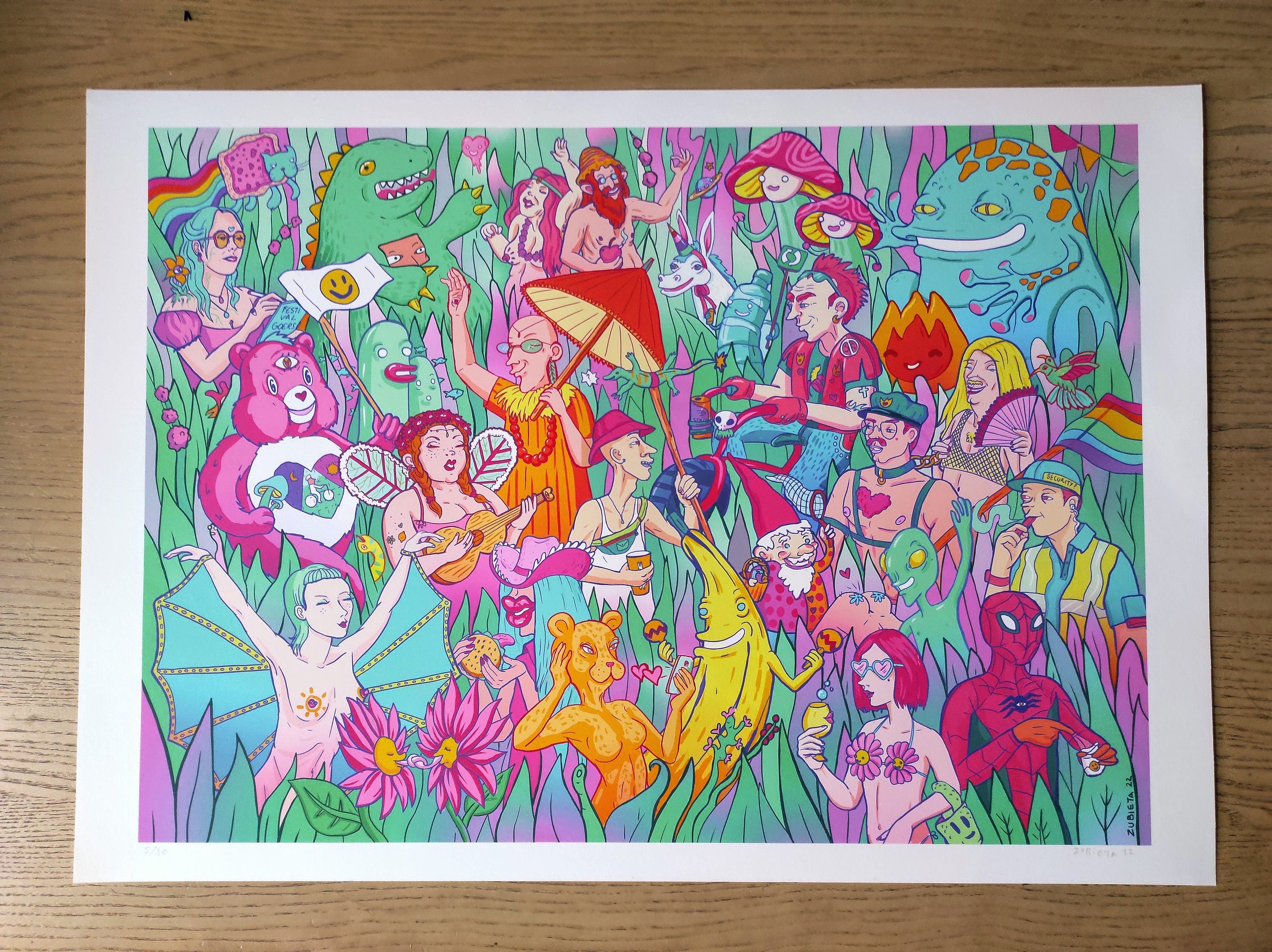 Festival Lovers gicleé fine art print showcasing vibrant festival culture in the UK, hand-signed with a white margin.
