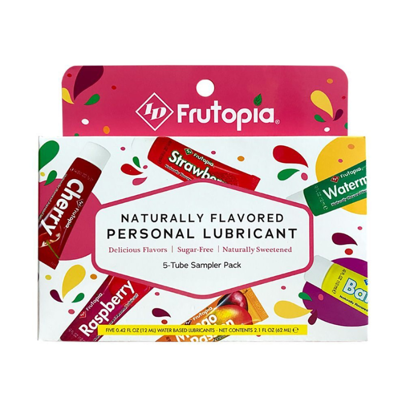 ID Frutopia Assorted Sampler Pack featuring five 12ml tubes of flavored personal lubricants in vibrant packaging.