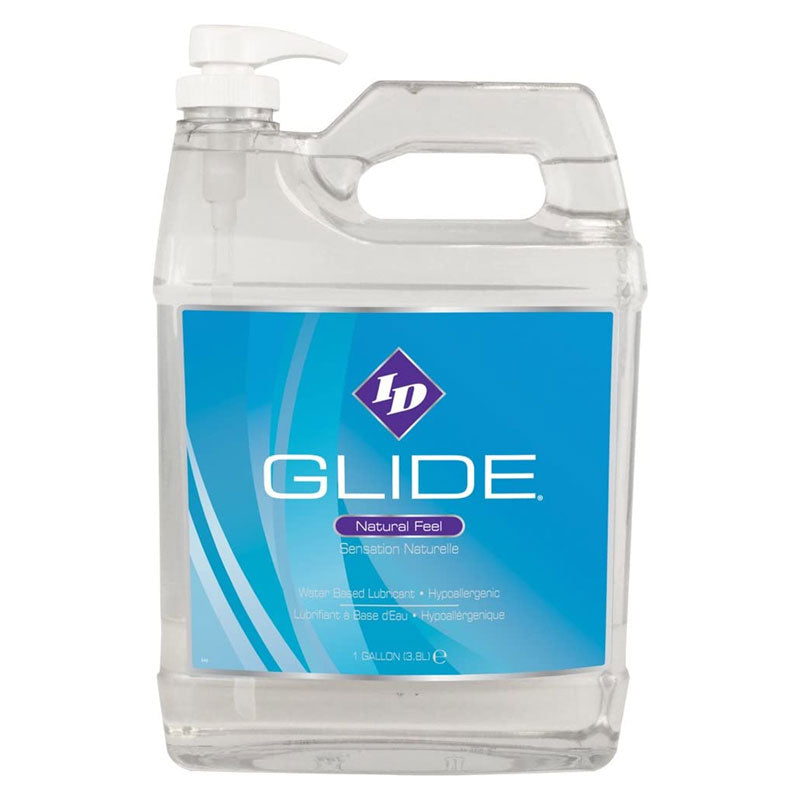 ID Glide Natural Feel 3800ml water-based lubricant bottle with a sleek design, perfect for enhancing intimate experiences.
