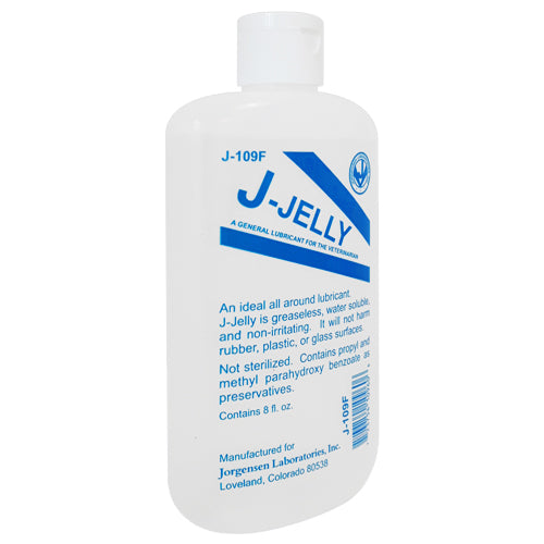 J-Jelly Lube bottle designed for veterinary use, featuring a water-based, non-irritating formula suitable for rectal and obstetrical procedures.
