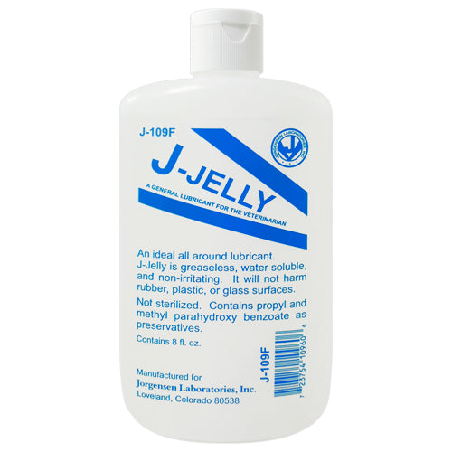 J-Jelly Lube bottle designed for veterinary use, featuring a water-based, non-irritating formula suitable for rectal and obstetrical procedures.