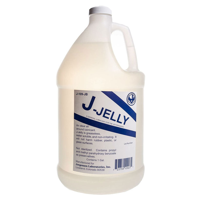 J-Jelly Lube bottle designed for veterinary use, featuring a water-based, non-irritating formula suitable for rectal and obstetrical procedures.