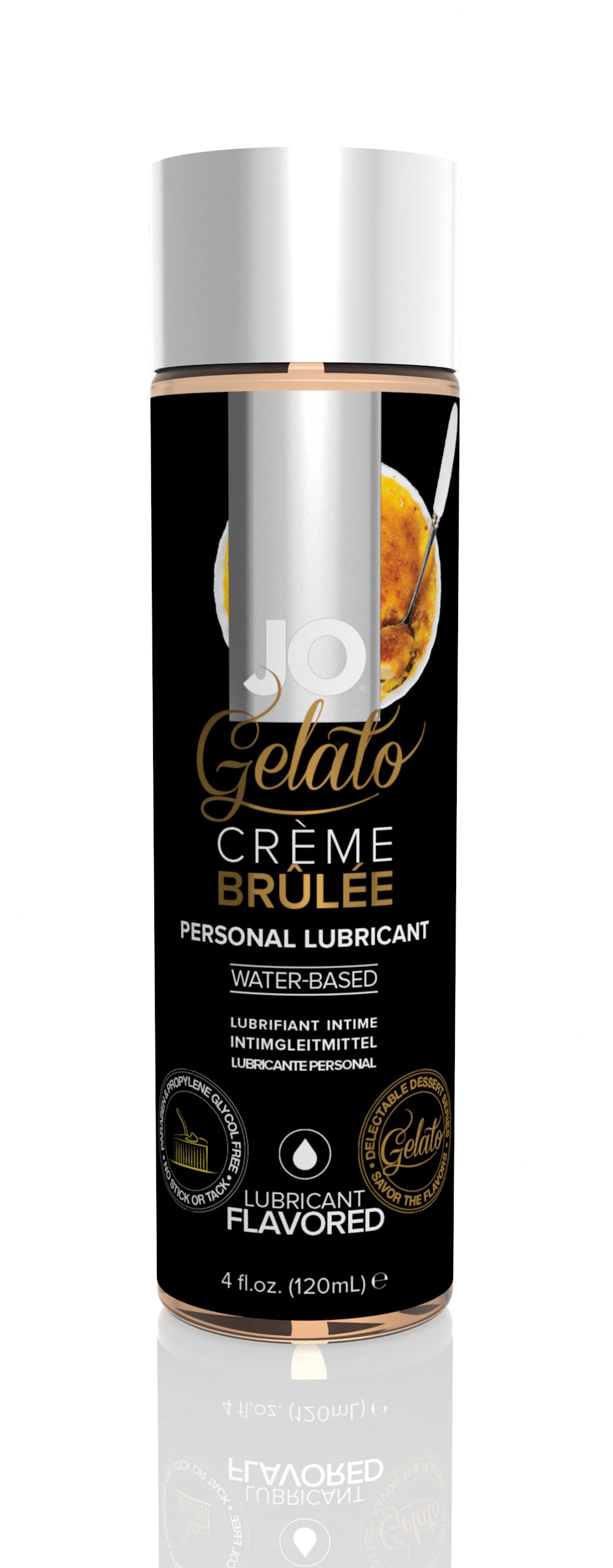 JO Gelato Creme Brulee Lubricant bottle with a creamy dessert-inspired design, showcasing its delicious flavor and water-based formula.