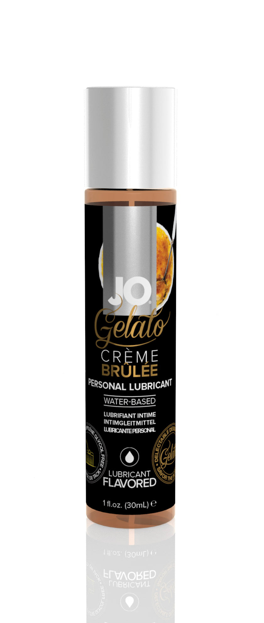 JO Gelato Creme Brulee Lubricant bottle with a creamy dessert-inspired design, showcasing its delicious flavor and water-based formula.