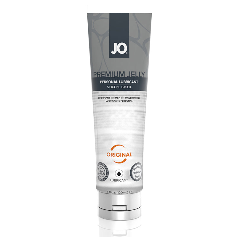 JO Premium Jelly Original Silicone-Based Lubricant 4 fl oz bottle with a sleek design, showcasing its luxurious silicone-based formula.