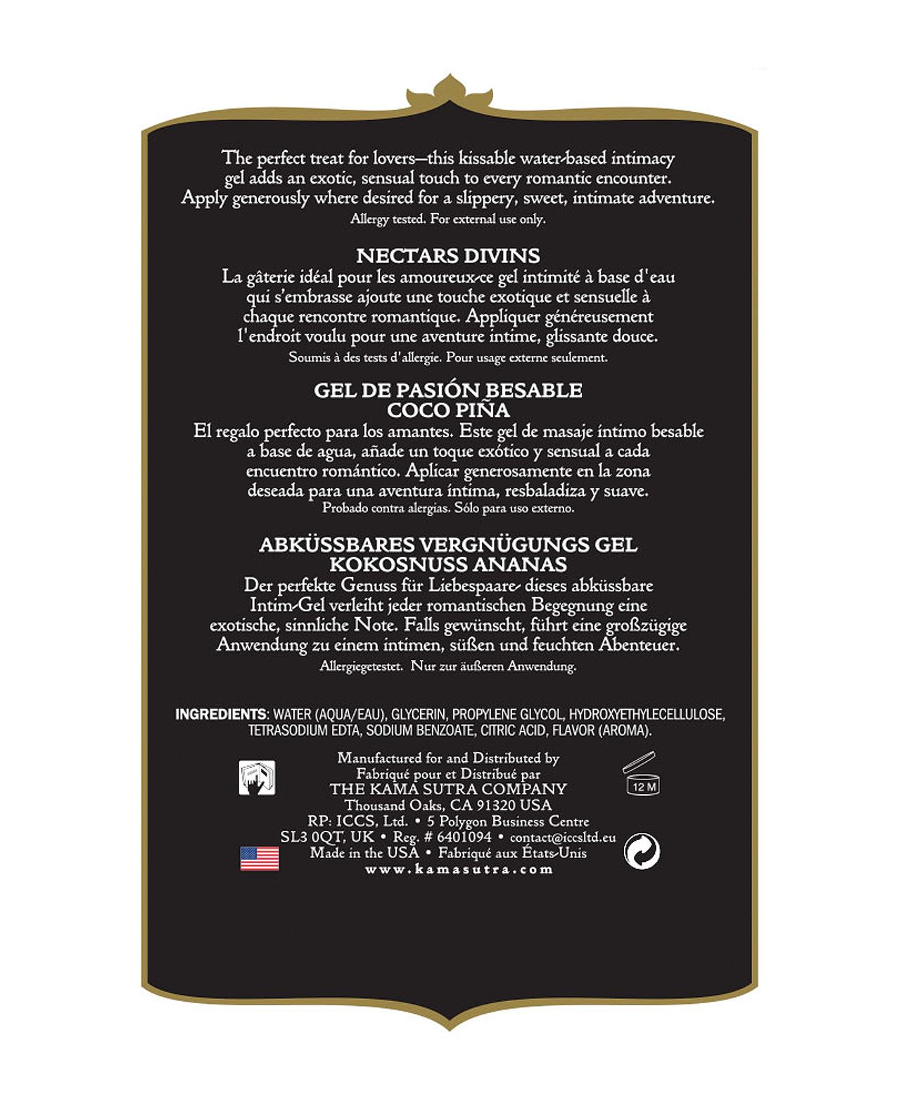 Kama Sutra Divine Nectars Coconut Pineapple 2 fl oz bottle with a tropical design, showcasing its enticing flavor and luxurious gel texture.