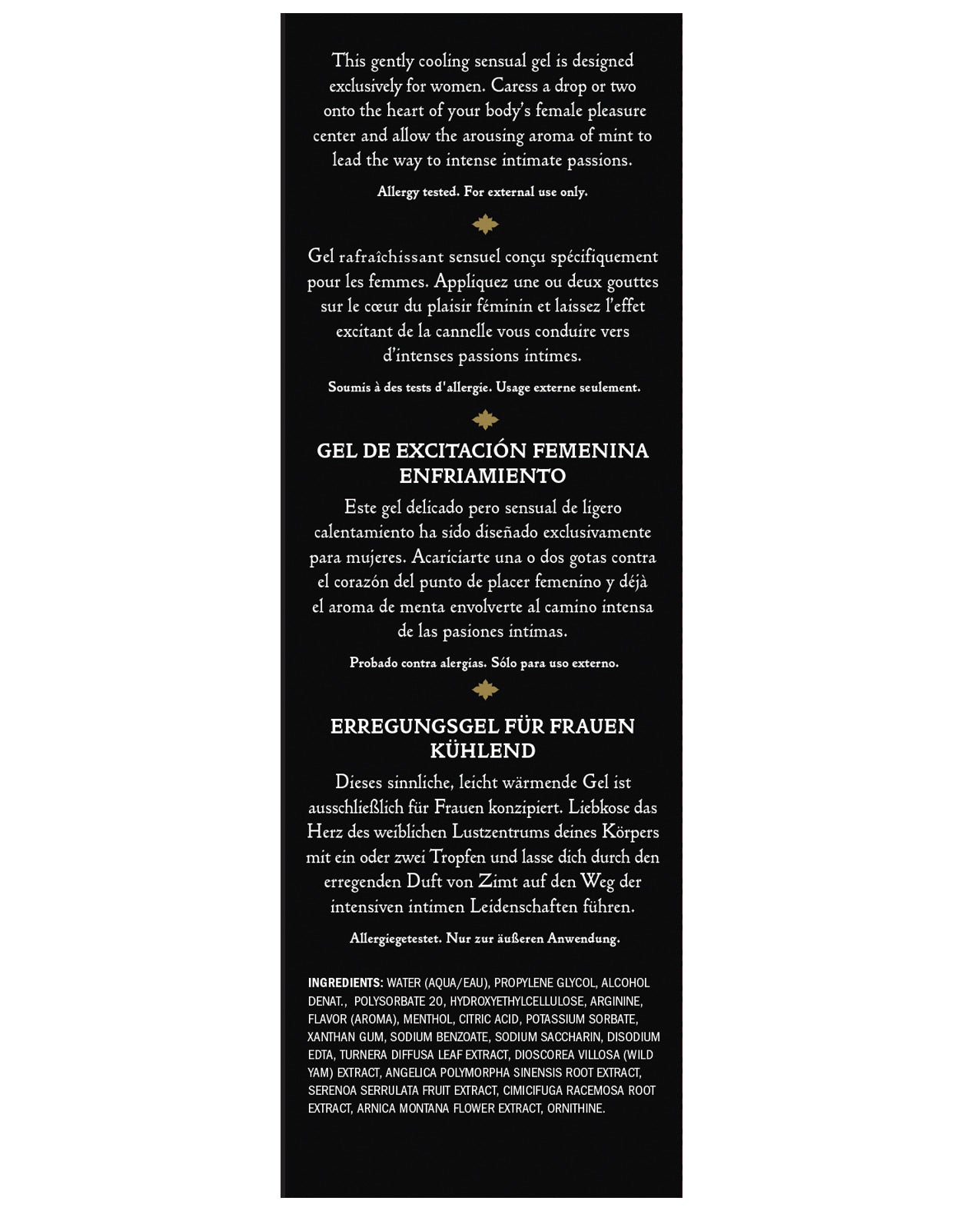 Kama Sutra Intensify Plus Cooling and Tingling Gel in a compact .4 fl oz container with a twist-off lid, showcasing its sleek design.