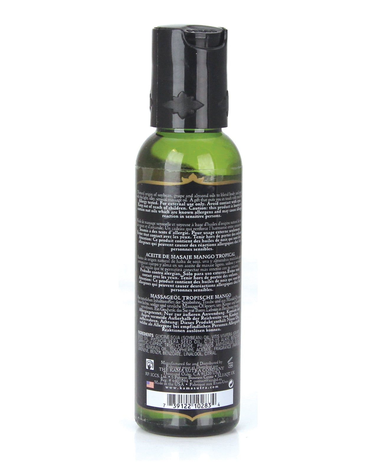 Kama Sutra Naturals Oil Tropical Mango 2 fl oz bottle with a tropical mango design, showcasing its luxurious massage oil for sensual experiences.