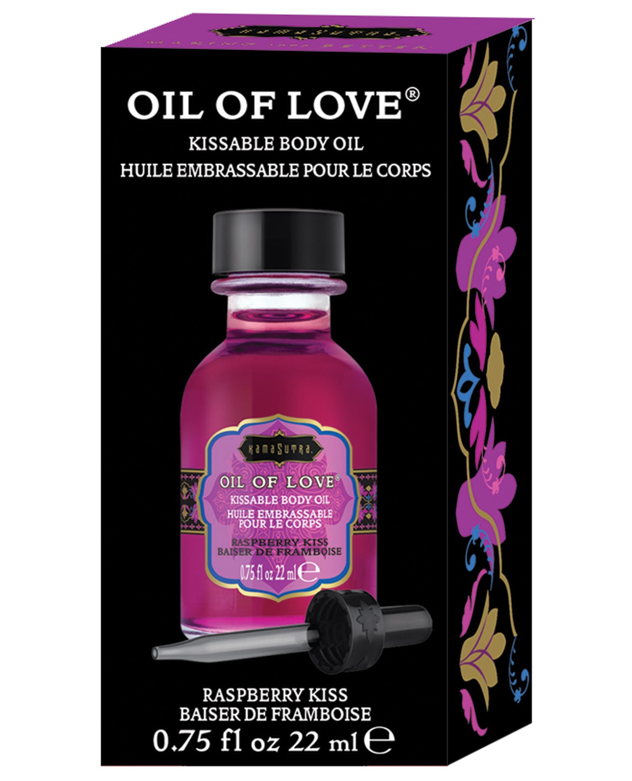 Kama Sutra Oil of Love Raspberry Kiss bottle with dropper, featuring a vibrant raspberry design.
