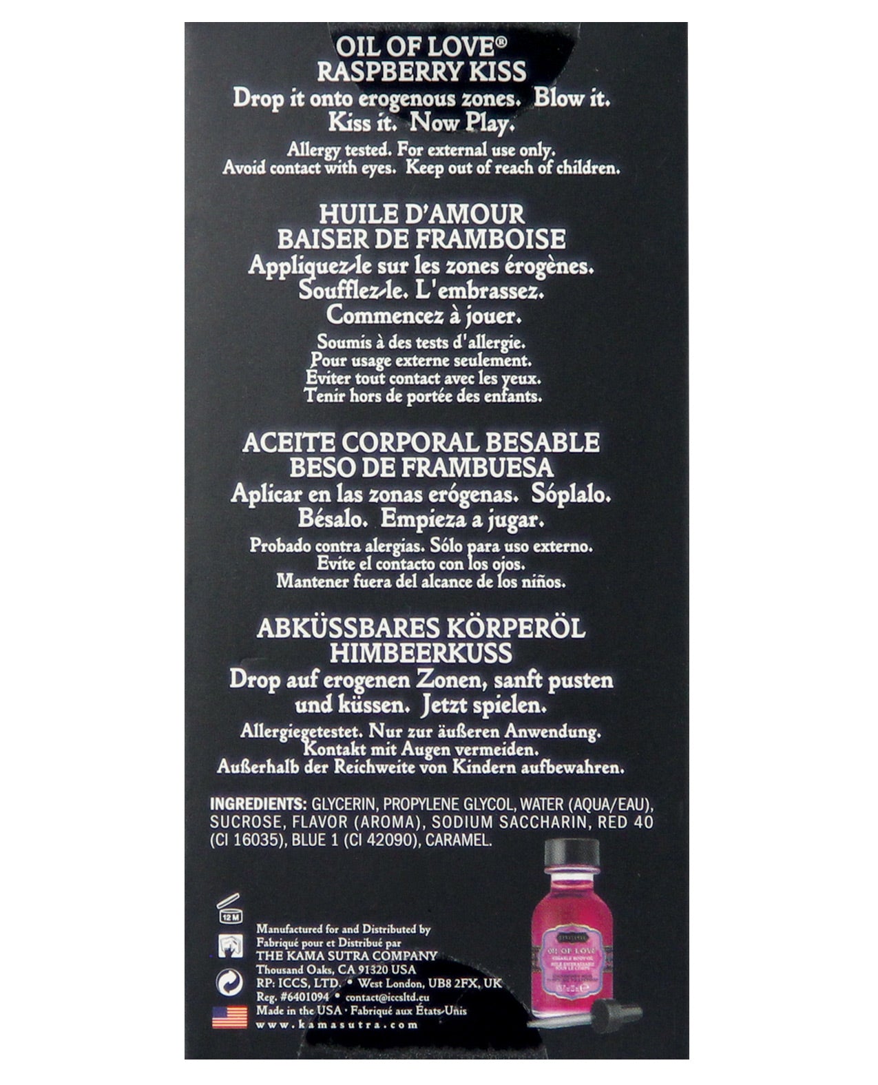 Kama Sutra Oil of Love Raspberry Kiss bottle with dropper, featuring a vibrant raspberry design.