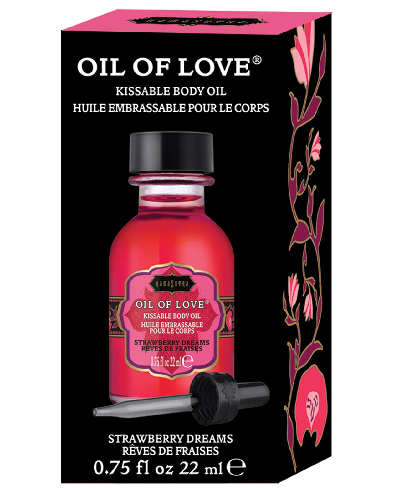 Kama Sutra Oil of Love Strawberry Dreams bottle with a dropper, showcasing its enticing design and strawberry flavor.