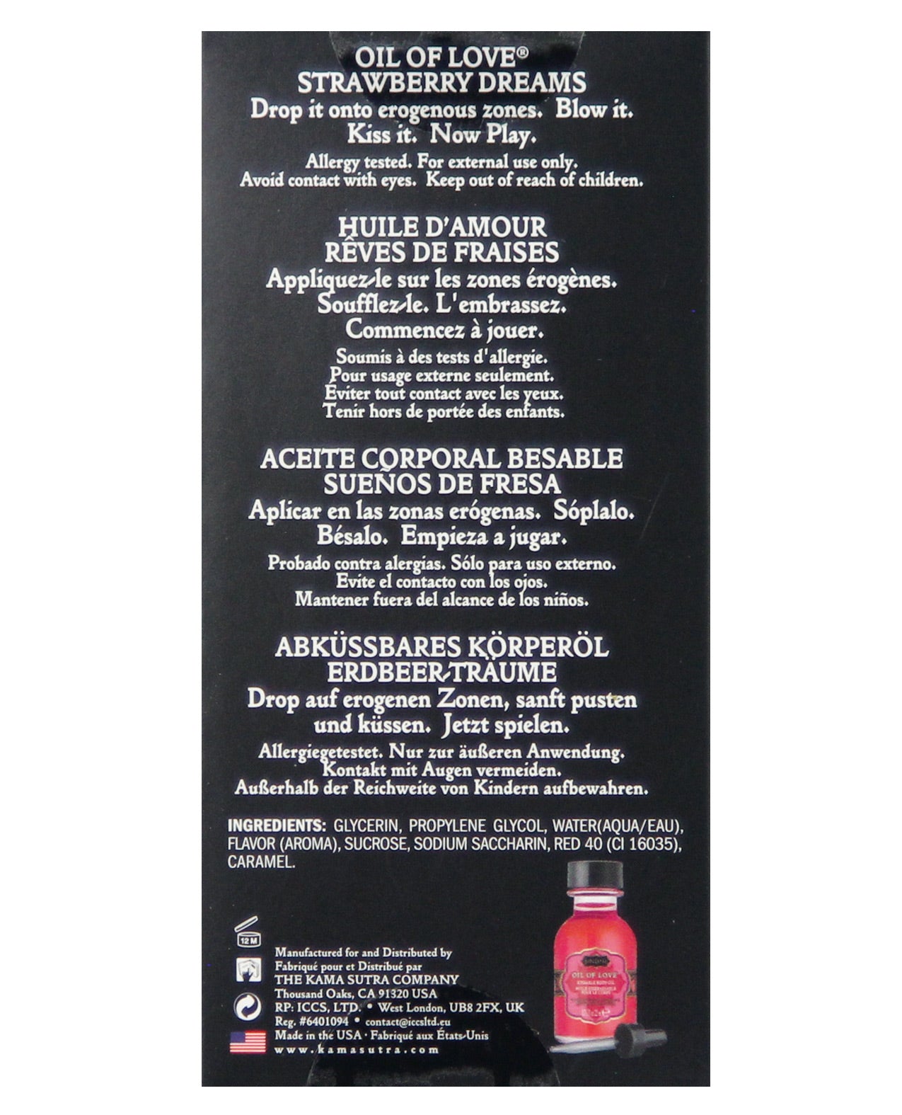 Kama Sutra Oil of Love Strawberry Dreams bottle with a dropper, showcasing its enticing design and strawberry flavor.