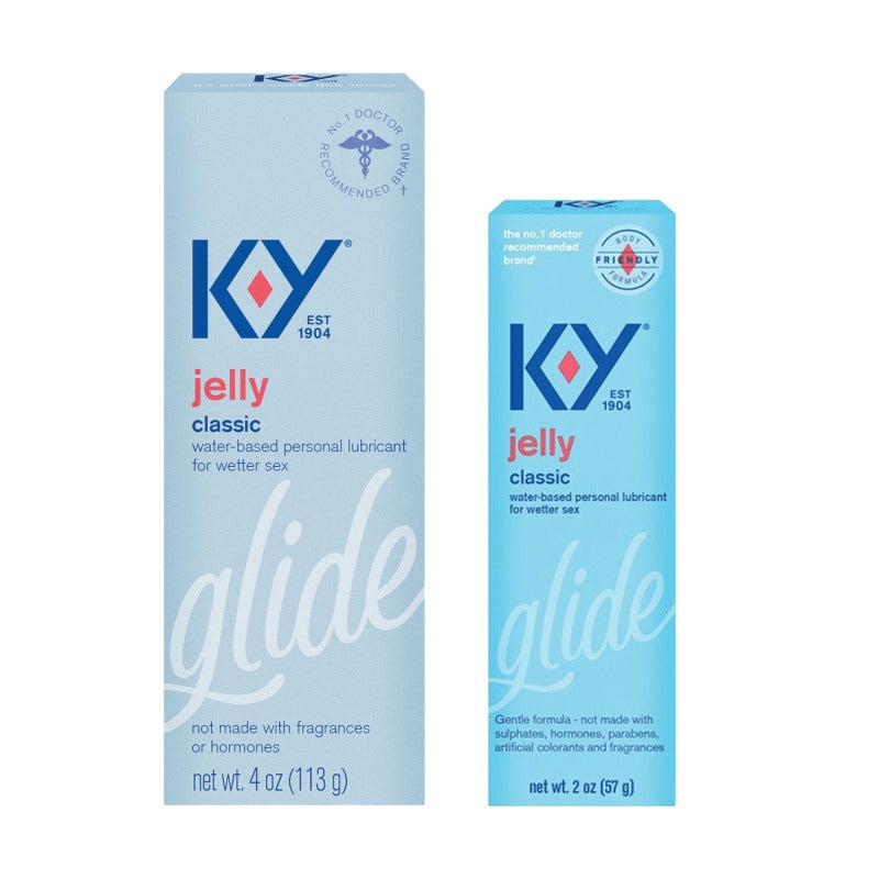K-Y Jelly water-based lubricant in a clear bottle with a smooth texture, designed for enhancing intimacy and comfort.