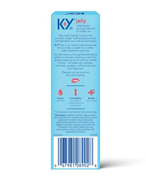 K-Y Jelly water-based lubricant in a clear bottle with a smooth texture, designed for enhancing intimacy and comfort.