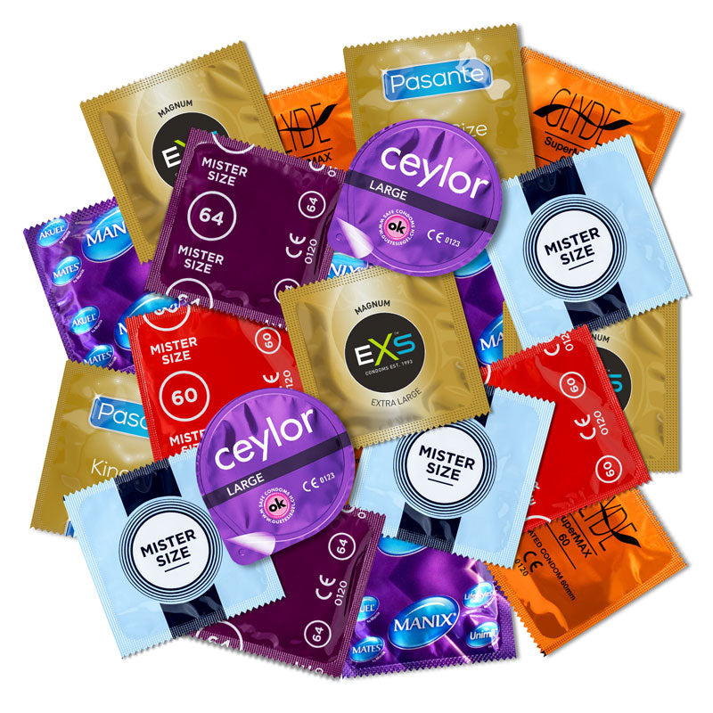 Larger Condoms Sampler Pack featuring various brands and styles for enhanced comfort and safety.
