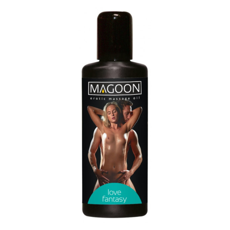 Magoon Erotic Massage Oil Love Fantasy 100ml bottle with a floral design, showcasing its luxurious and sensual appeal.