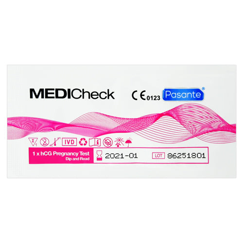 Pasante MEDICheck Pregnancy Test Dip and Read, a urine test strip for home pregnancy detection with clear result layout.