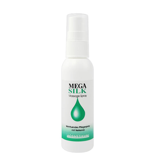Megasilk Massage Spray 50ml bottle with a soothing design, ideal for muscle relaxation and skin care.