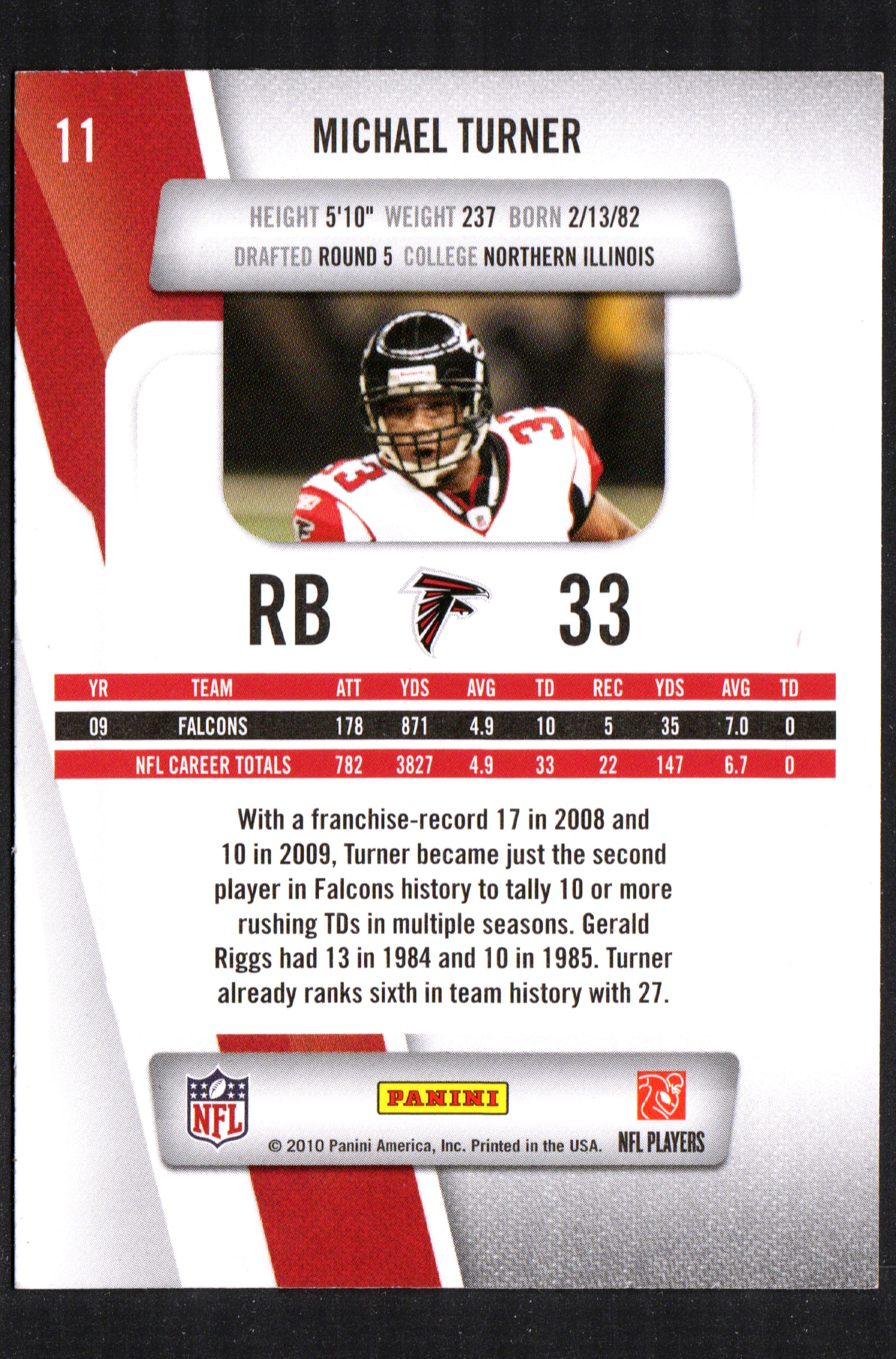 2010 Panini Prestige trading card featuring Michael Turner, Atlanta Falcons running back, card number 11.