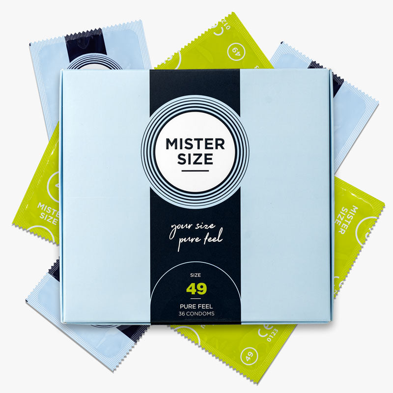Mister Size 49mm condoms in a box of 36, designed for narrower penises, featuring ultra-thin walls for enhanced sensitivity.