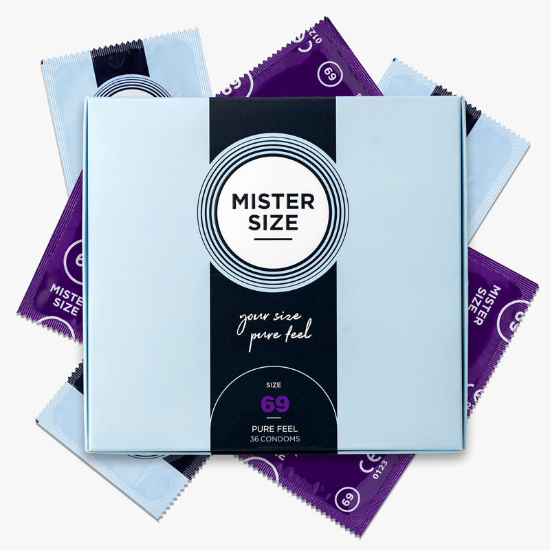 Mister Size 69mm condoms in a box of 36, designed for larger sizes, featuring ultra-thin natural rubber latex for enhanced comfort and safety.