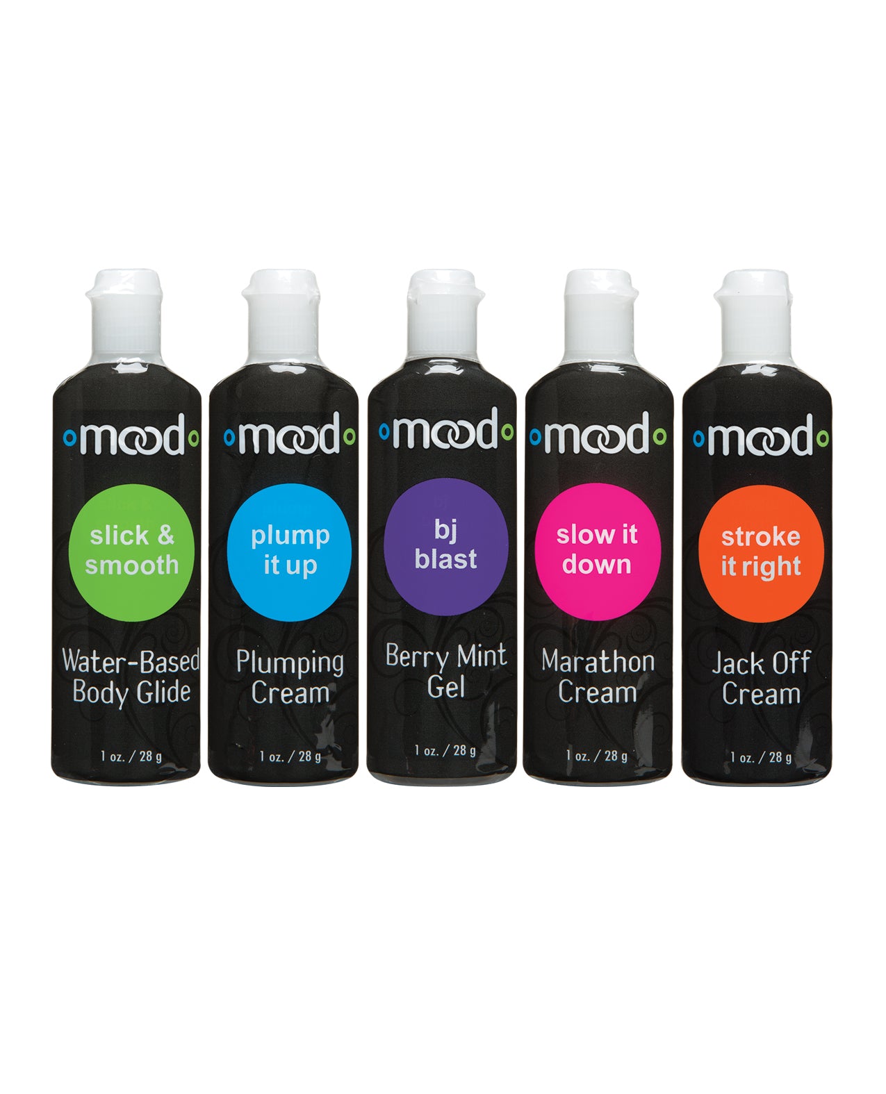 Mood Lube Pleasure for Him Assorted pack featuring five 1 oz. bottles of unique pleasure-enhancing formulas.