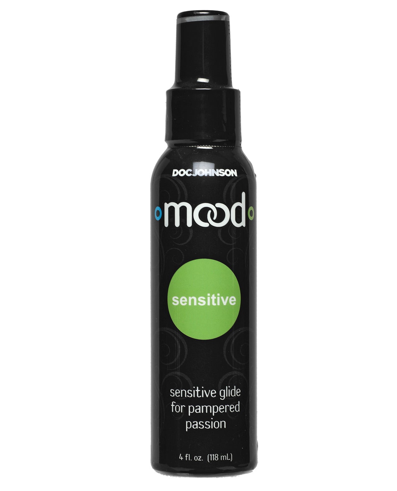 Mood Lube Sensitive 4 fl oz bottle with a sleek design, showcasing its water-based formula for sensitive skin.