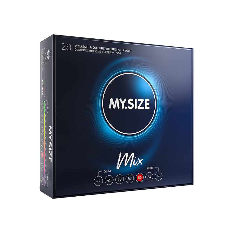 MY.SIZE 60mm Mix Box 28 condoms featuring various styles including classic, flavored, and ribbed options.