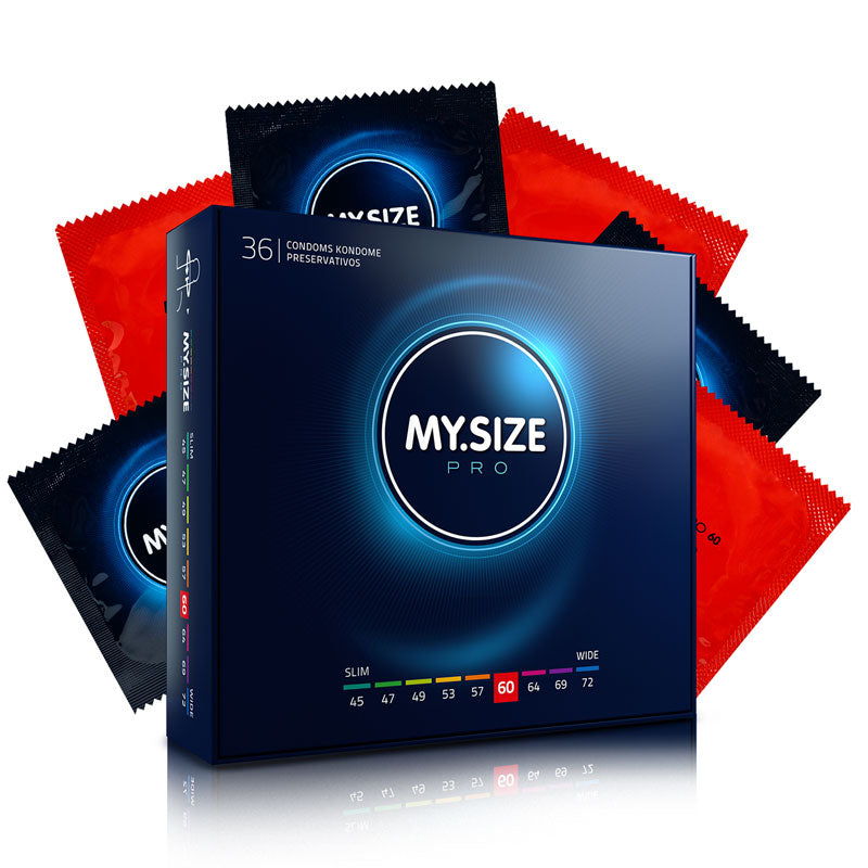 MY.SIZE PRO 60mm condoms in a box, showcasing their transparent design and packaging.