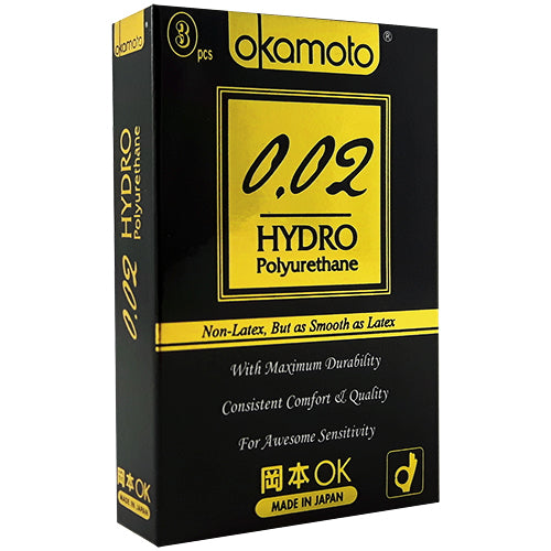 Okamoto 002 Hydro Box 3 condoms in a sleek packaging, showcasing their ultra-thin design and non-latex material.