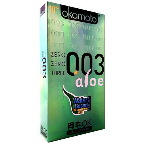 Okamoto 003 Aloe Box of 10 condoms featuring Aloe lubricant for enhanced comfort and pleasure.