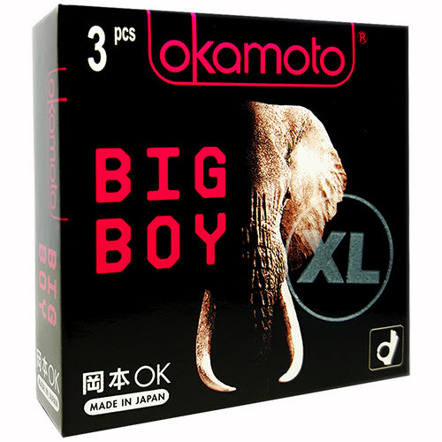 Okamoto Big Boy XL Box 3 condoms featuring ultra-thin Sheerlon latex for enhanced sensitivity and comfort.