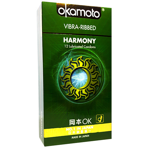Okamoto Harmony Box 12 condoms featuring ultra-thin Sheerlon™ latex and ribbed texture for enhanced pleasure.