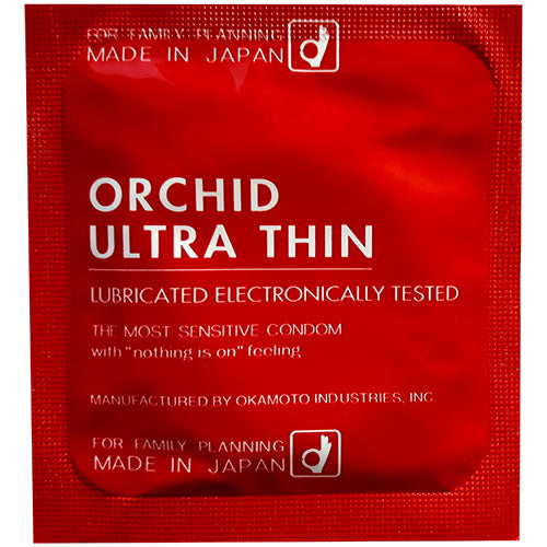 Okamoto Orchid condoms in pink packaging, showcasing ultra-thin Sheerlon™ latex for enhanced sensitivity.