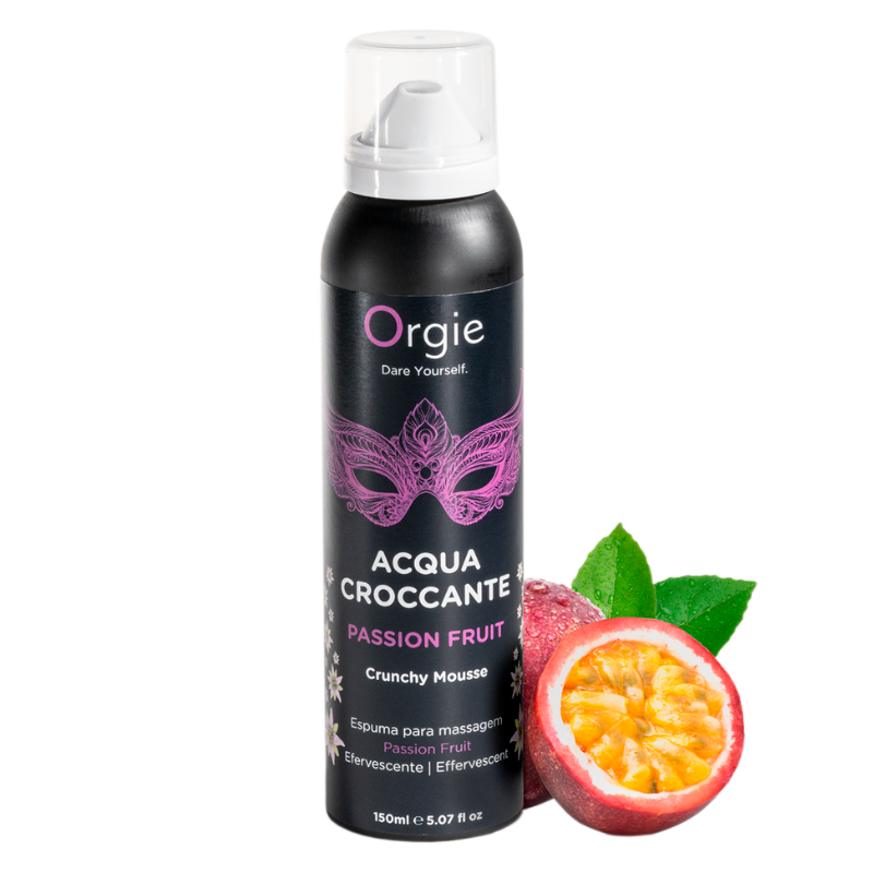 Orgie Acqua Croccante Passion Fruit Crunchy Mousse 150ml bottle with vibrant passion fruit design, perfect for sensual massages.