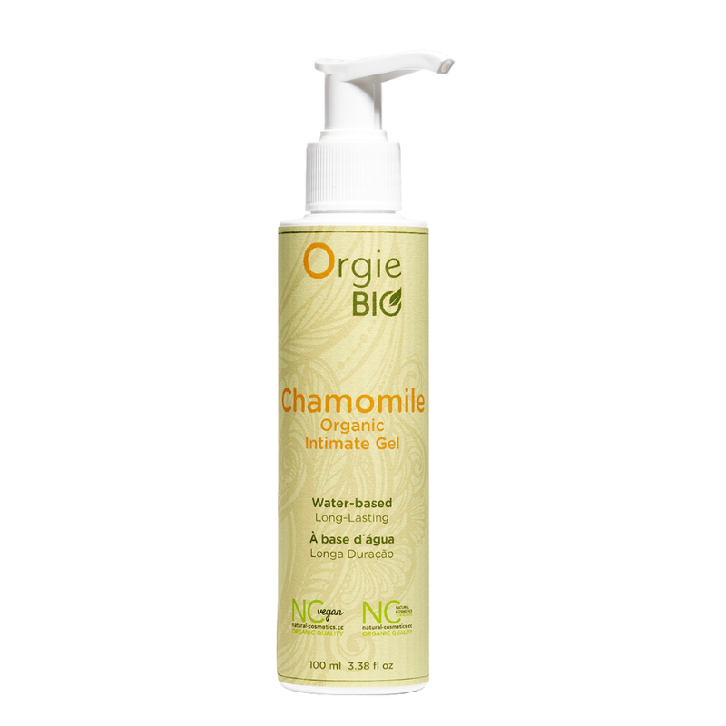 Orgie Bio Chamomile Intimate Gel 100ml bottle with a sleek design, showcasing its organic and vegan-friendly attributes.