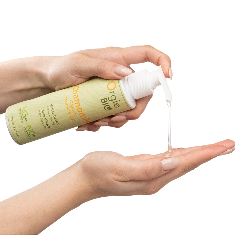 Orgie Bio Chamomile Intimate Gel 100ml bottle with a sleek design, showcasing its organic and vegan-friendly attributes.