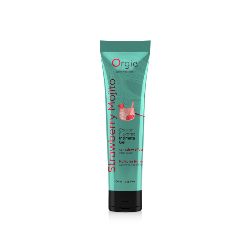 Orgie Lube Tube Cocktail Strawberry Mojito, a water-based intimate gel in a sleek tube, featuring a vibrant design and strawberry mojito flavor.