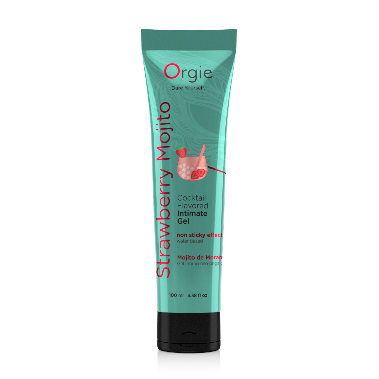 Orgie Lube Tube Cocktail Strawberry Mojito, a water-based intimate gel in a sleek tube, featuring a vibrant design and strawberry mojito flavor.