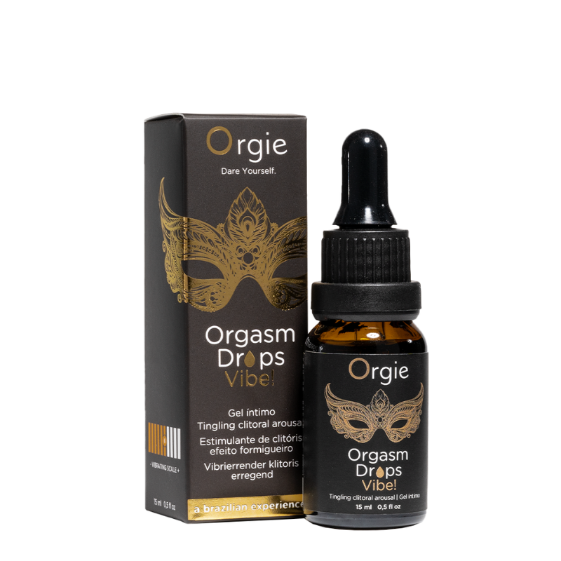 Orgie Orgasm Drops Vibe! 15ml bottle with a sleek design, showcasing the product for clitoral arousal and enhanced pleasure.