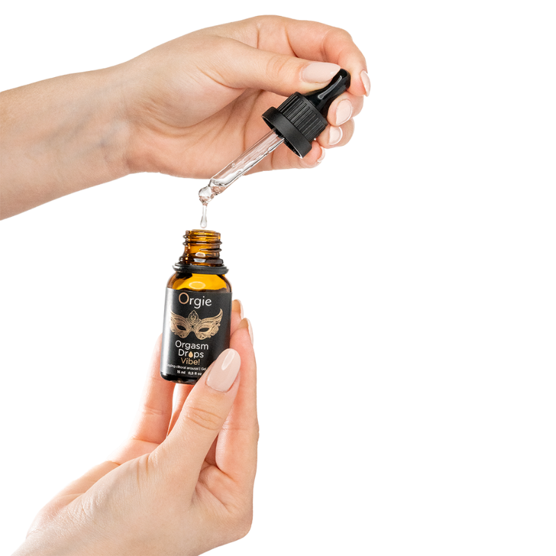 Orgie Orgasm Drops Vibe! 15ml bottle with a sleek design, showcasing the product for clitoral arousal and enhanced pleasure.