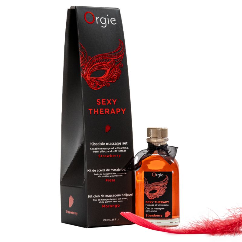 Orgie Sexy Therapy Massage Kit Strawberry 100ml, featuring a sleek bottle with a vibrant strawberry design, ideal for sensual massages.