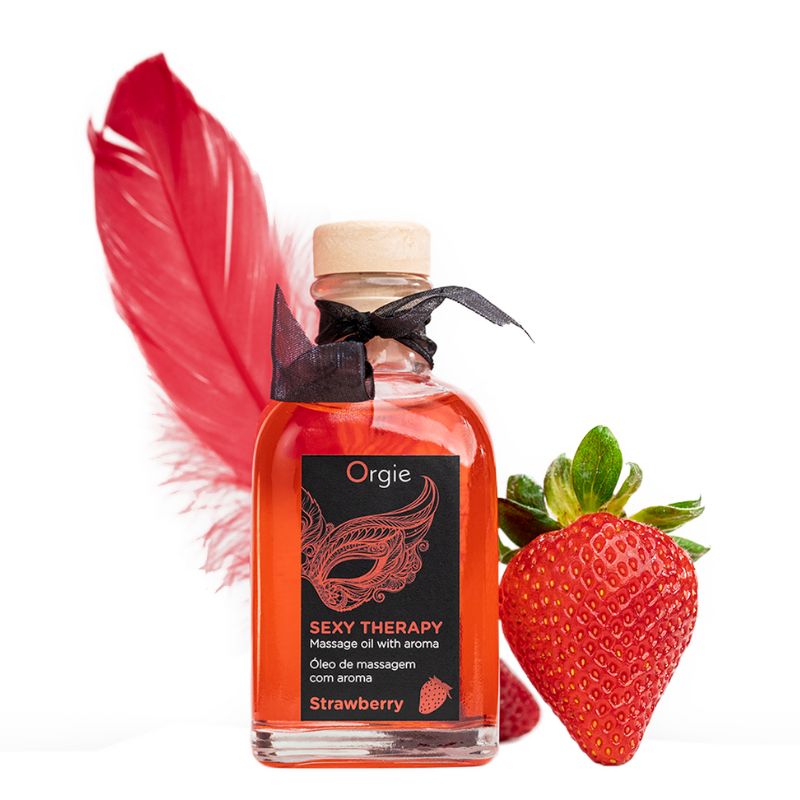 Orgie Sexy Therapy Massage Kit Strawberry 100ml, featuring a sleek bottle with a vibrant strawberry design, ideal for sensual massages.