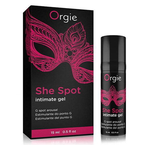 Orgie She Spot Gel Intimo 15ml bottle with a sleek design, showcasing its stimulating properties for women's pleasure.