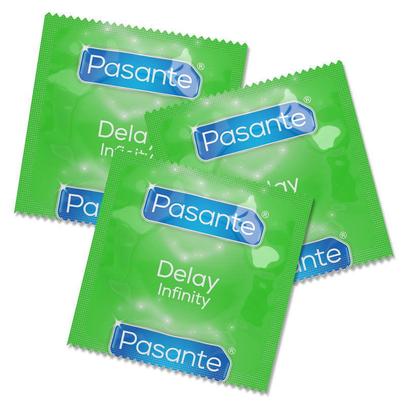 Pasante Delay Infinity condoms in a transparent packaging, showcasing their smooth texture and teat-ended design.