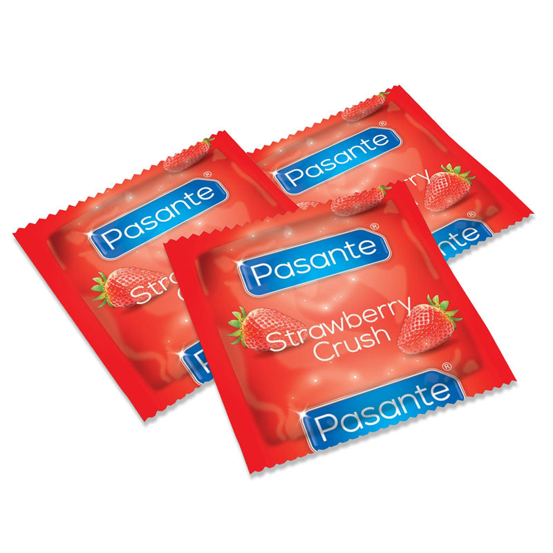 Pasante Strawberry Crush condoms in a vibrant red color, showcasing their smooth texture and strawberry flavor for enhanced pleasure.