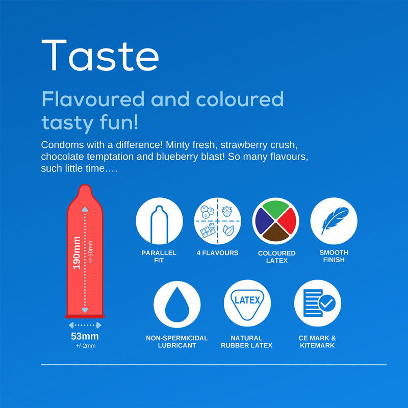 Pasante Strawberry Crush condoms in a vibrant red color, showcasing their smooth texture and strawberry flavor for enhanced pleasure.